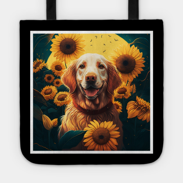 Golden Retriever Dog, Surrounded by Sunflowers, Dog Lover Tote by logiamerch