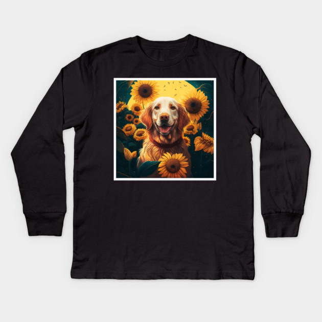 Golden Retriever Dog, Surrounded by Sunflowers, Dog Lover Kids Long Sleeve T-Shirt by logiamerch