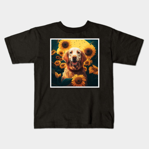 Golden Retriever Dog, Surrounded by Sunflowers, Dog Lover Kids T-Shirt by logiamerch