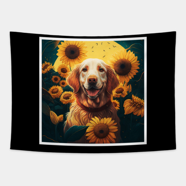 Golden Retriever Dog, Surrounded by Sunflowers, Dog Lover Tapestry by logiamerch