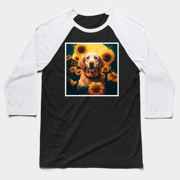 Golden Retriever Dog, Surrounded by Sunflowers, Dog Lover Baseball T-Shirt by logiamerch