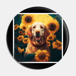 Golden Retriever Dog, Surrounded by Sunflowers, Dog Lover Pin