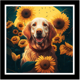 Golden Retriever Dog, Surrounded by Sunflowers, Dog Lover Posters and Art