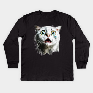 Funny Scared Cat Face, Cat Lover, Scaredy Cat Kids Long Sleeve T-Shirt