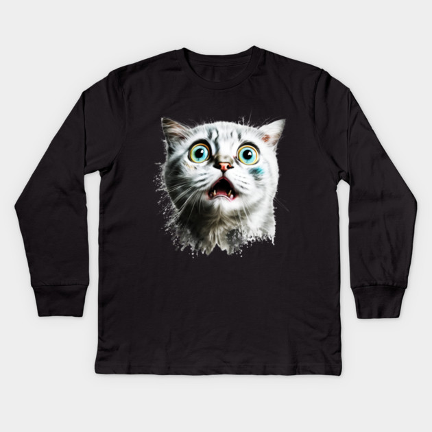 Funny Scared Cat Face, Cat Lover, Scaredy Cat Kids Long Sleeve T-Shirt by logiamerch