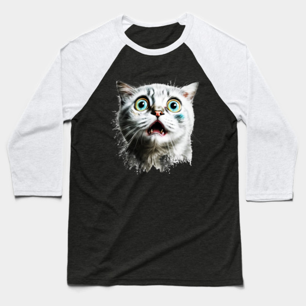 Funny Scared Cat Face, Cat Lover, Scaredy Cat Baseball T-Shirt by logiamerch
