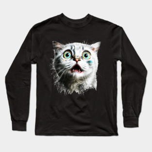 Funny Scared Cat Face, Cat Lover, Scaredy Cat Long Sleeve T-Shirt