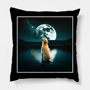 Golden Retriever Dog, Howling, Moon, Night sky Pillow