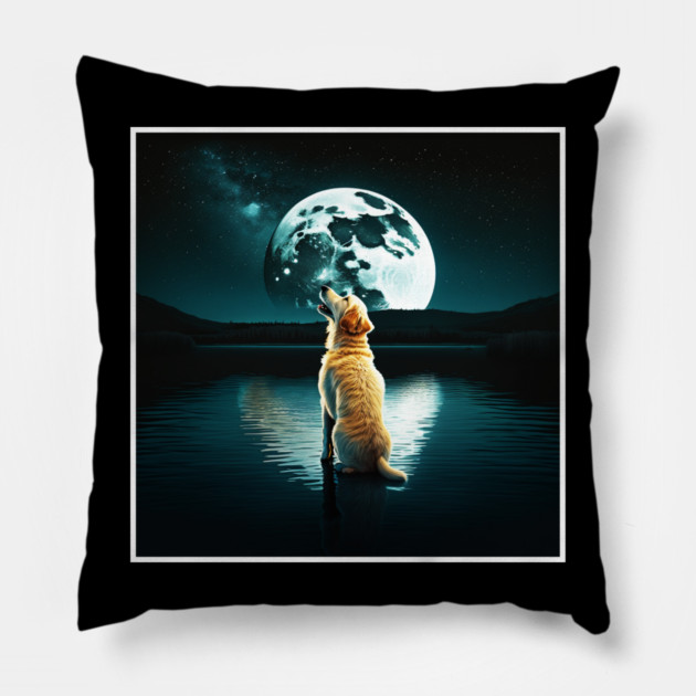 Golden Retriever Dog, Howling, Moon, Night sky Pillow by logiamerch