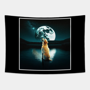 Golden Retriever Dog, Howling, Moon, Night sky Tapestry