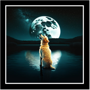 Golden Retriever Dog, Howling, Moon, Night sky Posters and Art