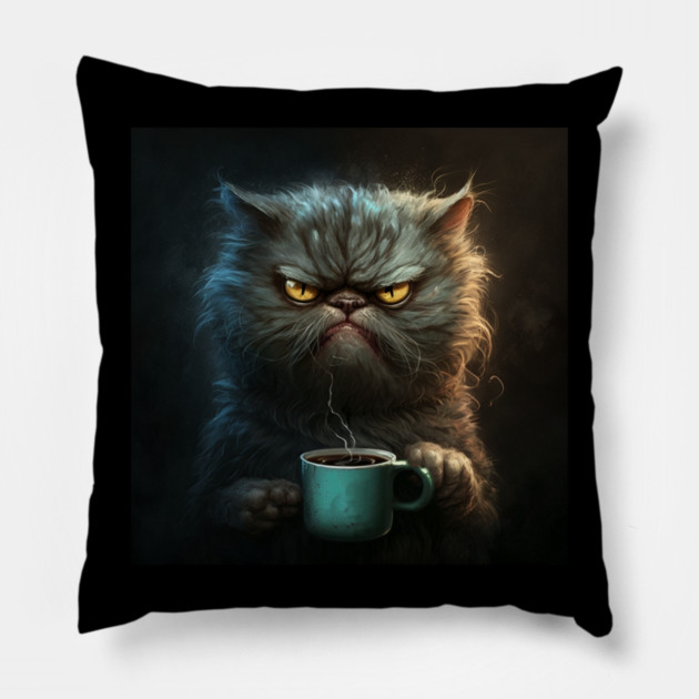 Funny Mean Looking Cat Drinking Coffee, Cat Lover Pillow by logiamerch