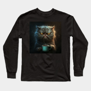 Funny Mean Looking Cat Drinking Coffee, Cat Lover Long Sleeve T-Shirt