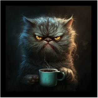 Funny Mean Looking Cat Drinking Coffee, Cat Lover Posters and Art