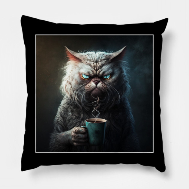 Funny Mean Looking Cat  Drinking Coffee, Coffee Cat Lover Pillow by logiamerch