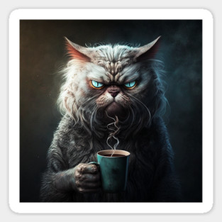 Funny Mean Looking Cat  Drinking Coffee, Coffee Cat Lover Sticker