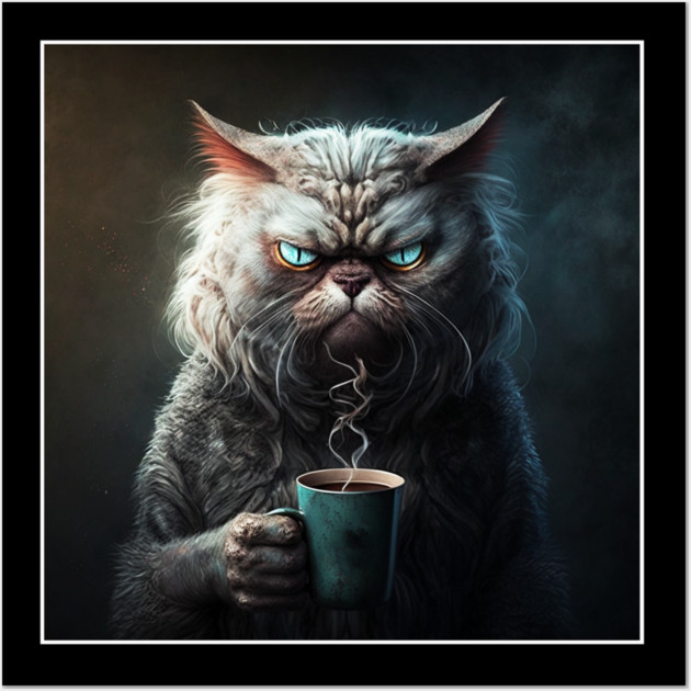 Funny Mean Looking Cat  Drinking Coffee, Coffee Cat Lover Wall Art by logiamerch