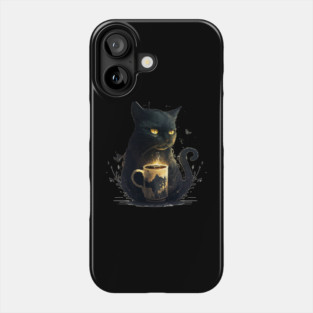 Black Cat Drinking Coffee, Coffee Cat Lover Phone Case