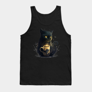 Black Cat Drinking Coffee, Coffee Cat Lover Tank Top