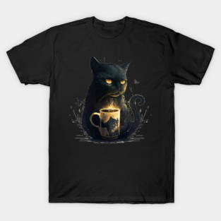 Black Cat Drinking Coffee, Coffee Cat Lover T-Shirt