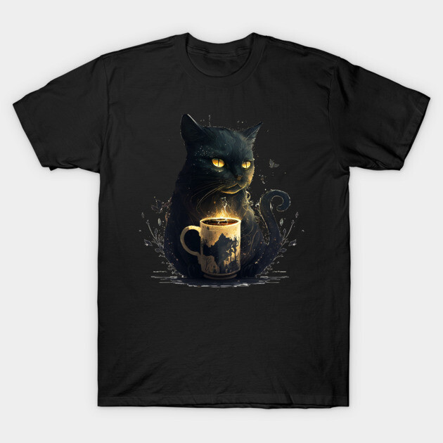 Black Cat Drinking Coffee, Coffee Cat Lover T-Shirt by logiamerch
