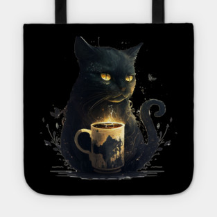 Black Cat Drinking Coffee, Coffee Cat Lover Tote