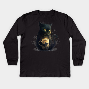 Black Cat Drinking Coffee, Coffee Cat Lover Kids Long Sleeve T-Shirt