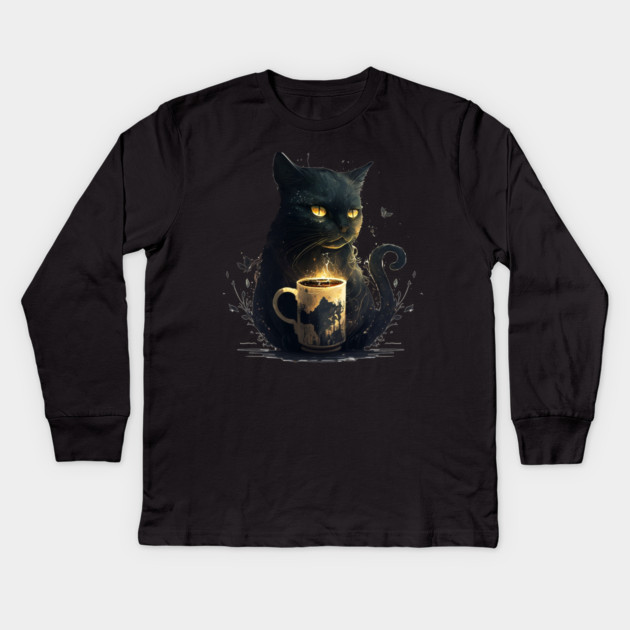 Black Cat Drinking Coffee, Coffee Cat Lover Kids Long Sleeve T-Shirt by logiamerch