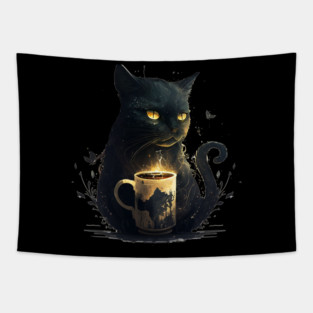 Black Cat Drinking Coffee, Coffee Cat Lover Tapestry