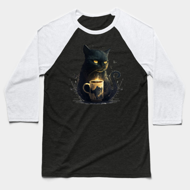 Black Cat Drinking Coffee, Coffee Cat Lover Baseball T-Shirt by logiamerch