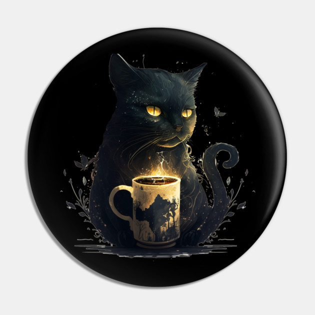 Black Cat Drinking Coffee, Coffee Cat Lover Pin by logiamerch