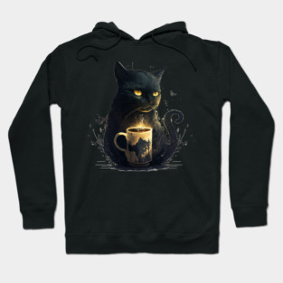 Black Cat Drinking Coffee, Coffee Cat Lover Hoodie
