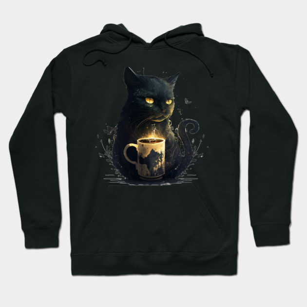 Black Cat Drinking Coffee, Coffee Cat Lover Hoodie by logiamerch