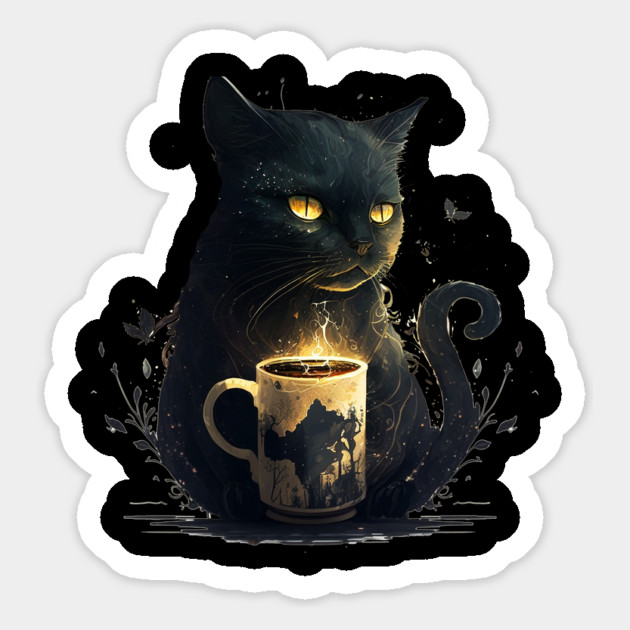 Black Cat Drinking Coffee, Coffee Cat Lover Magnet by logiamerch