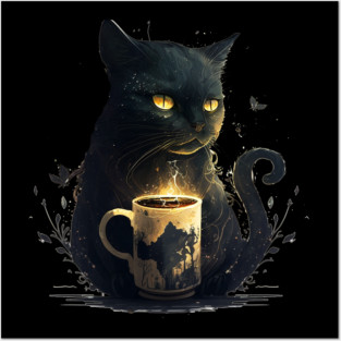 Black Cat Drinking Coffee, Coffee Cat Lover Posters and Art