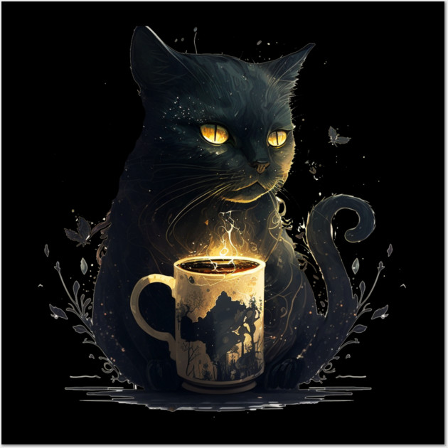 Black Cat Drinking Coffee, Coffee Cat Lover Wall Art by logiamerch