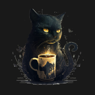 Black Cat Drinking Coffee, Coffee Cat Lover T-Shirt