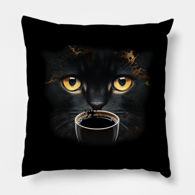 Black Cat Drinking Coffee, Coffee Cat Lover Pillow by logiamerch