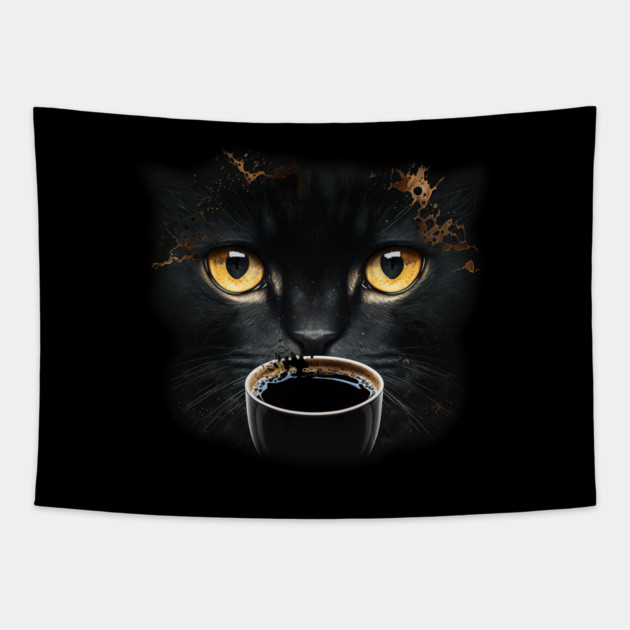 Black Cat Drinking Coffee, Coffee Cat Lover Tapestry by logiamerch