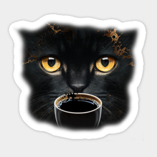 Black Cat Drinking Coffee, Coffee Cat Lover Sticker
