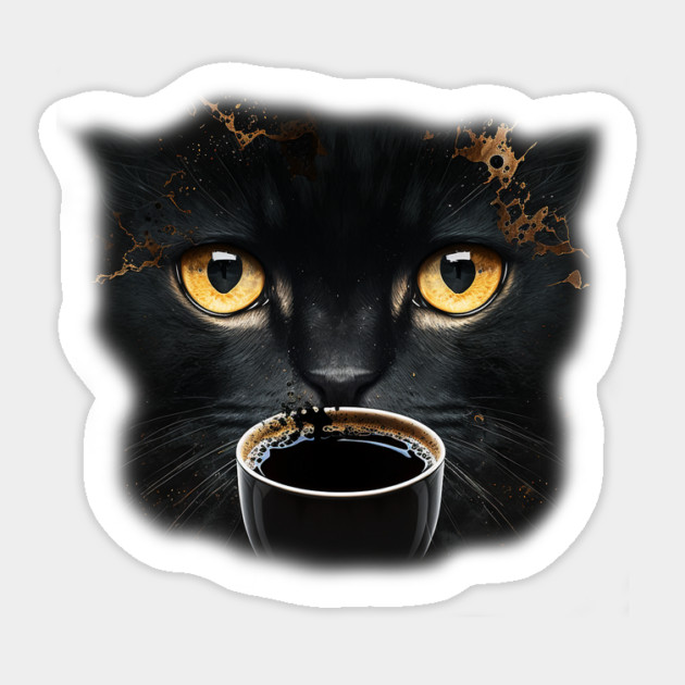 Black Cat Drinking Coffee, Coffee Cat Lover Sticker by logiamerch