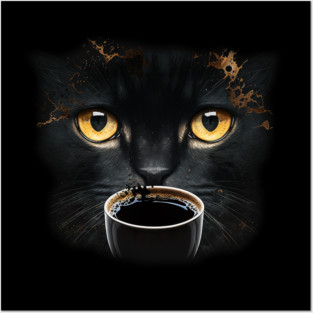 Black Cat Drinking Coffee, Coffee Cat Lover Posters and Art