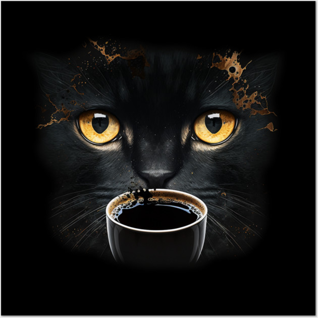 Black Cat Drinking Coffee, Coffee Cat Lover Wall Art by logiamerch