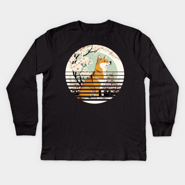 Shiba Inu Dog, Cherry Blossom, Japanese Style Kids Long Sleeve T-Shirt by logiamerch