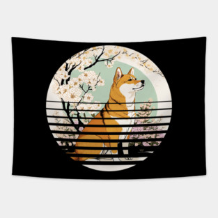 Shiba Inu Dog, Cherry Blossom, Japanese Style Tapestry