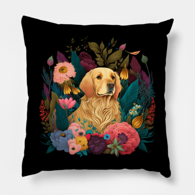 Golden Retriever Dog, Floral Ornament, Dog Lover Pillow by logiamerch