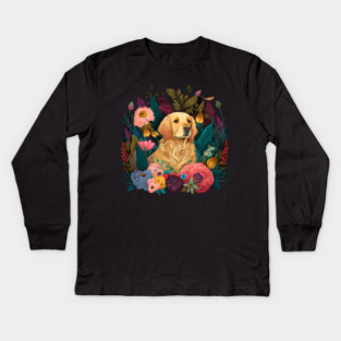 Golden Retriever Dog, Floral Ornament, Dog Lover Kids Long Sleeve T-Shirt