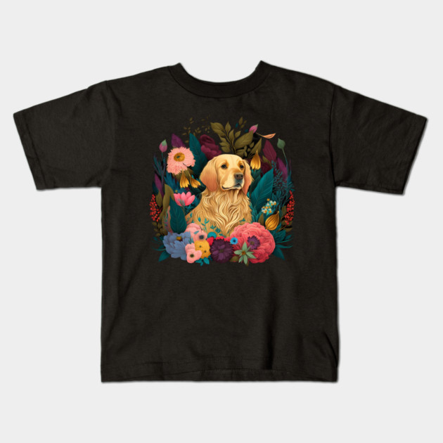 Golden Retriever Dog, Floral Ornament, Dog Lover Kids T-Shirt by logiamerch