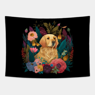Golden Retriever Dog, Floral Ornament, Dog Lover Tapestry