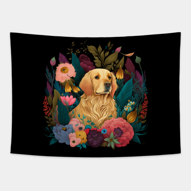 Golden Retriever Dog, Floral Ornament, Dog Lover Tapestry by logiamerch